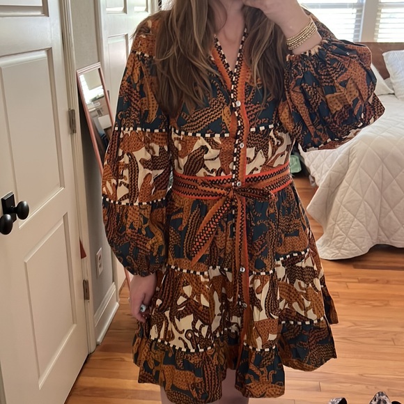 FARM Rio Long Sleeve Print Mini Dress with sash medium - Picture 9 of 16